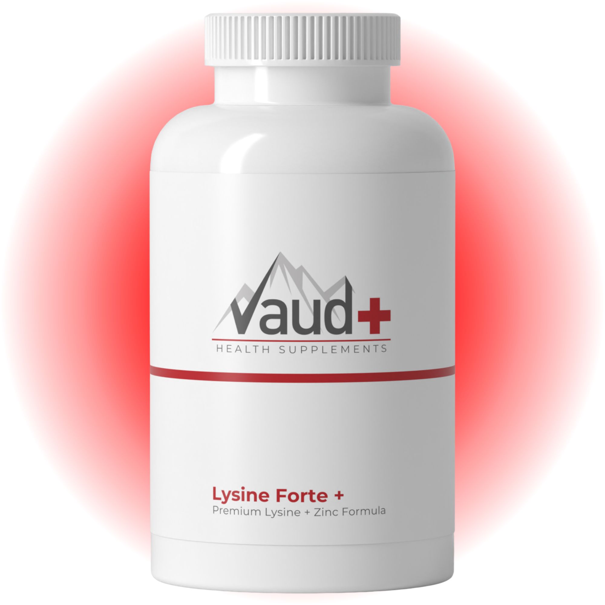Weiße Flasche mit Schraubverschluss. Aufschrift: Vaud+ HEALTH SUPPLEMENTS, Lysine Forte+, Premium Lysine + Zinc Formula.