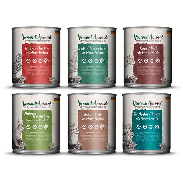 Venandi Animal - Probierpaket - Huhn, Pute, Rind, Huhn & Kaninchen, Kalb, Truthahn