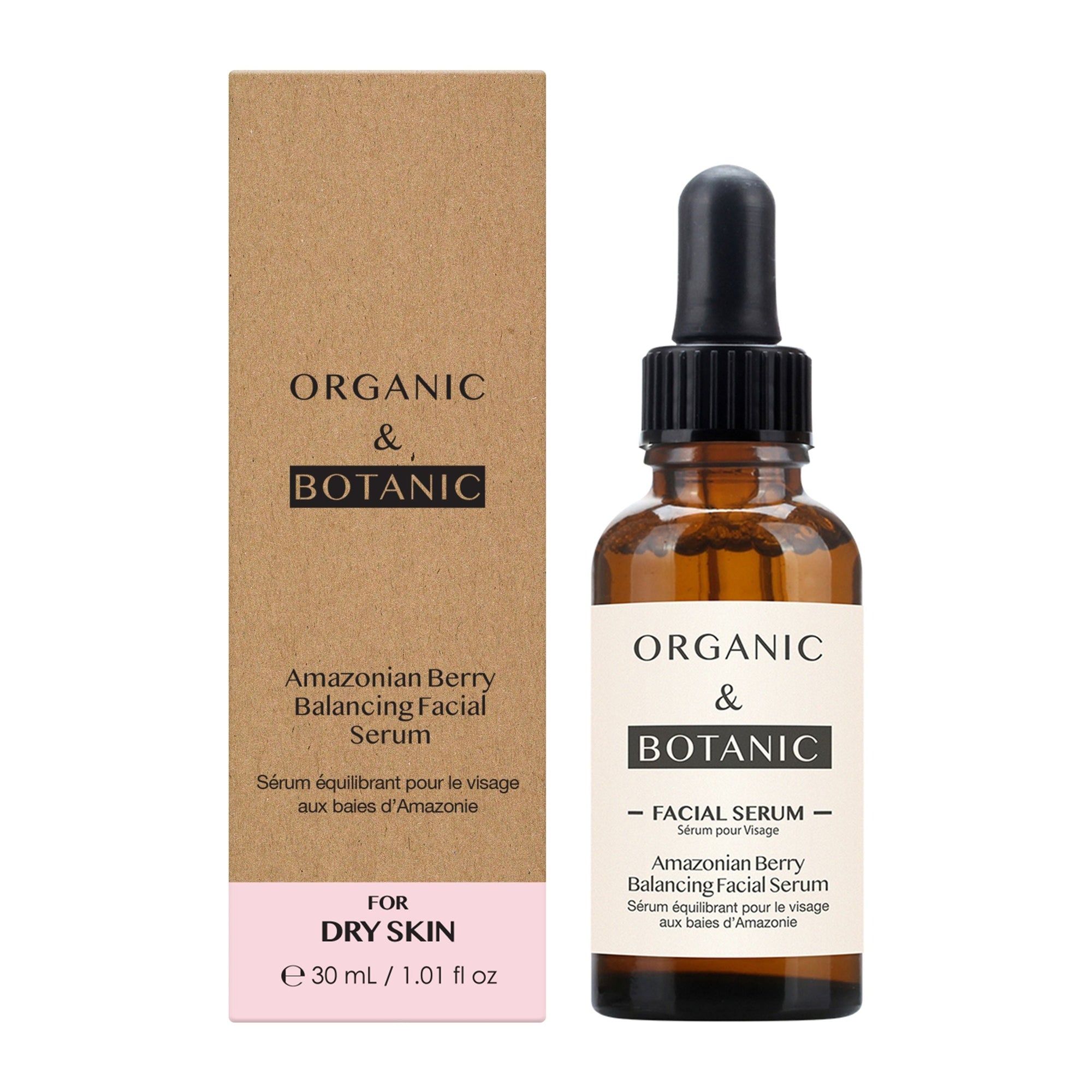 Produktverpackung und Flasche. Auf der Verpackung steht "Organic & Botanic". Auf der Flasche steht "Facial Serum".