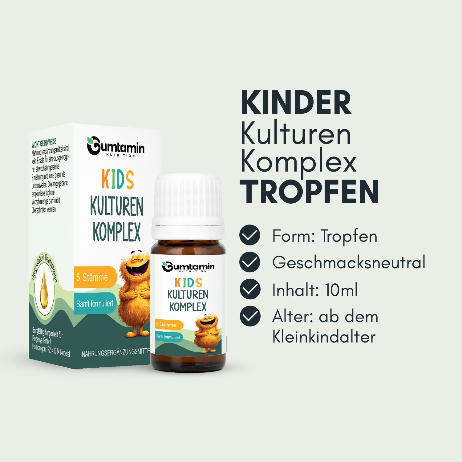Gumtamin Kinder Kulturen Komplex Tropfen: 10ml Flasche und Kartonverpackung mit 5 Stämmen.
