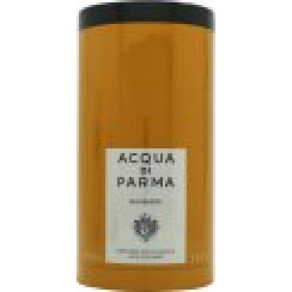 Zylindrische, gelbe Verpackung mit schwarzem Deckel. Weißes Etikett mit Logo und Schriftzug: Acqua di Parma Barbiere. Text nicht lesbar.
