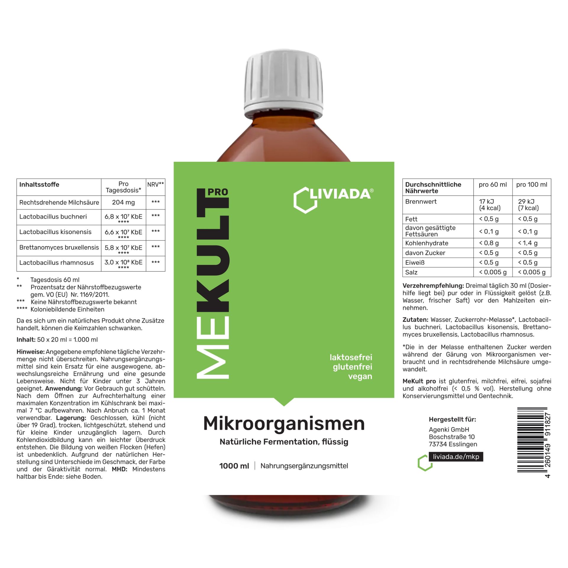 Braune Glasflasche mit weißem Deckel. Grün-weißes Etikett mit Produktinformationen. Text: MEKULT PRO, Mikroorganismen, 1000 ml.