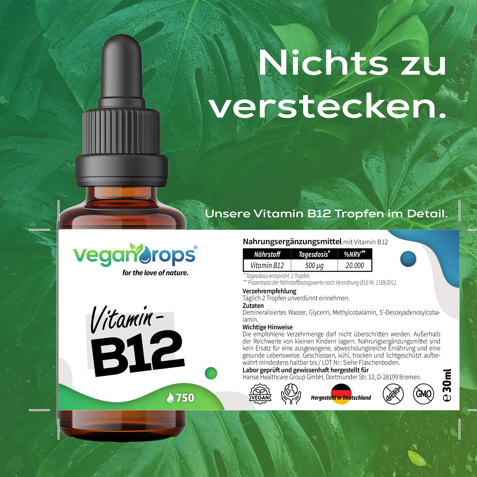 Flasche mit Tropfer, Etikett mit "Vegan Drops", "Vitamin B12". Detailansicht der Inhaltsstoffe und Informationen.