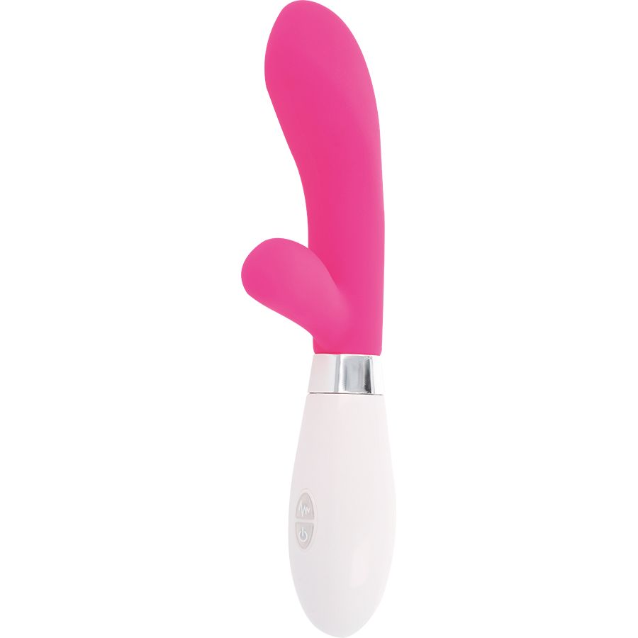 Ein weiß-pinkfarbener Vibrator. Der obere Teil ist pink, der untere Teil weiß. Ein silberner Ring verbindet die Teile.