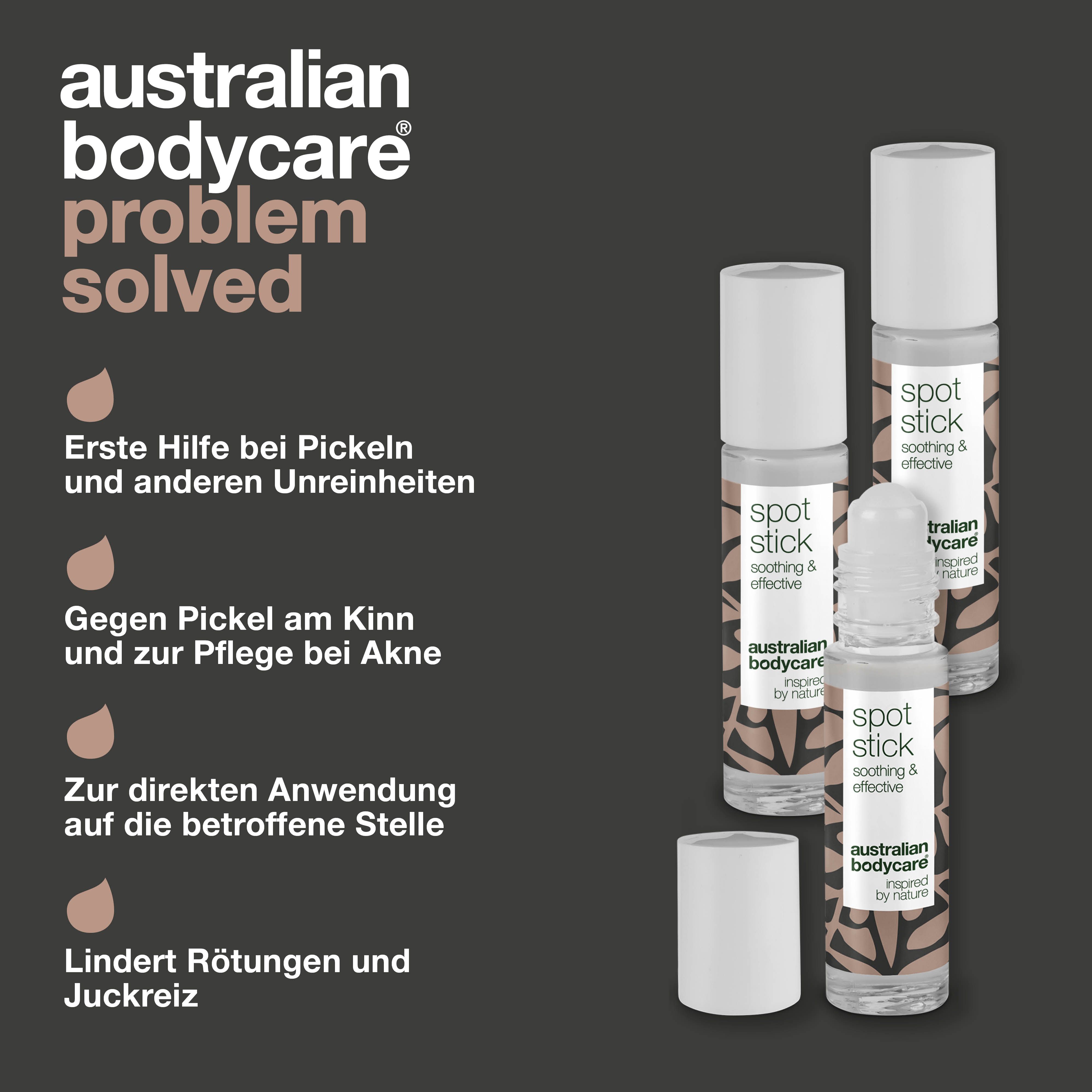 Drei Spot Stick-Flaschen. Aufschrift: Spot Stick, Australian Bodycare. Text: Erste Hilfe bei Pickeln.