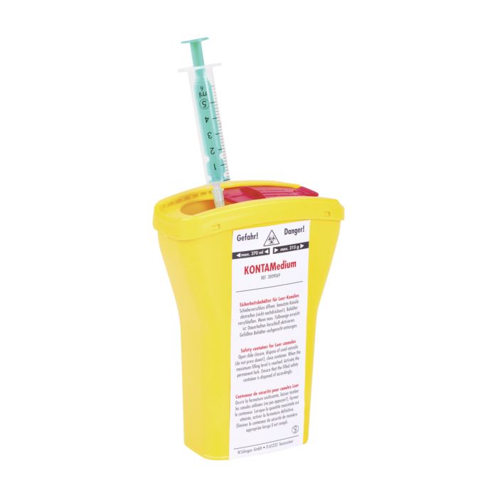 Gelber Kanülensammler mit rotem Deckel und Spritze. Aufschrift: KONTAMedium. Warnhinweise und Füllstandsanzeige.