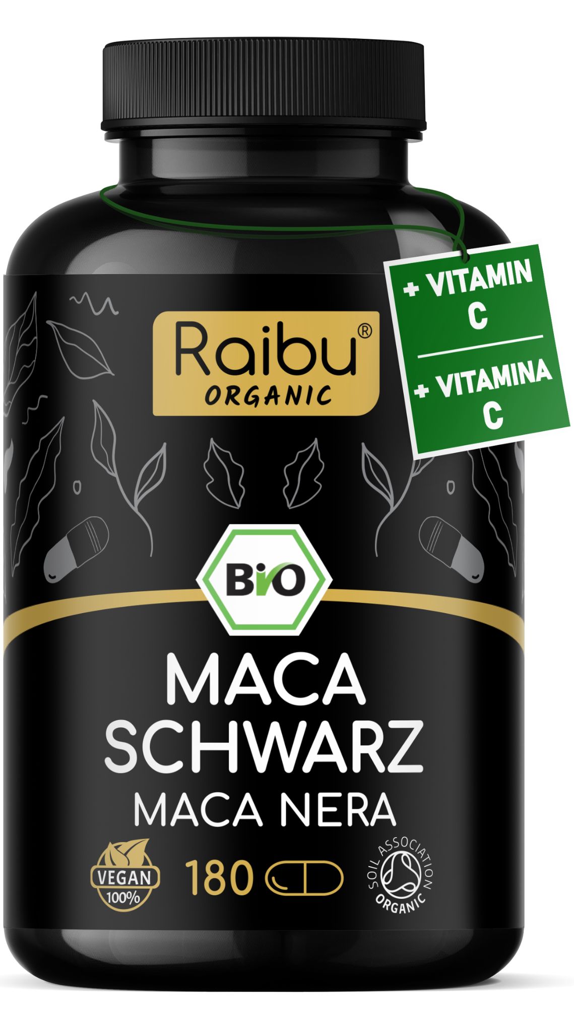 Schwarze Bio-Maca-Kapseln von Raibu mit Vitamin C. Bio-Siegel und Vegan-Logo.