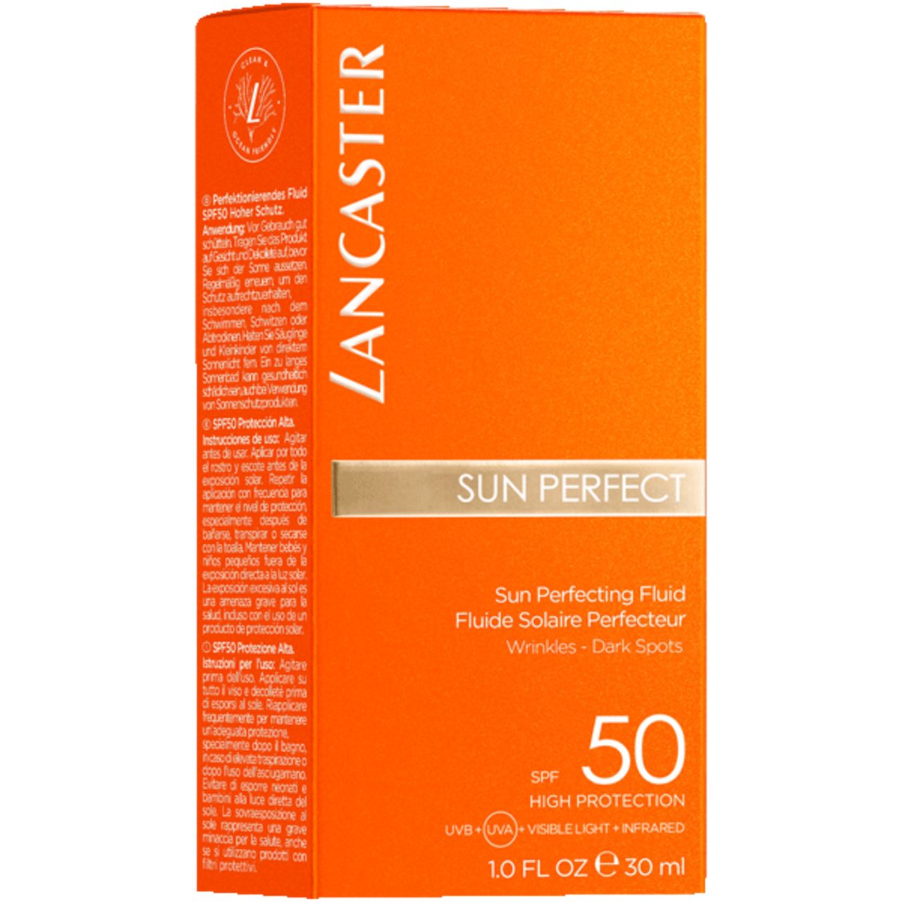 Orangefarbene Schachtel mit "LANCASTER SUN PERFECT" und "50 SPF" Aufdruck. Text in mehreren Sprachen.