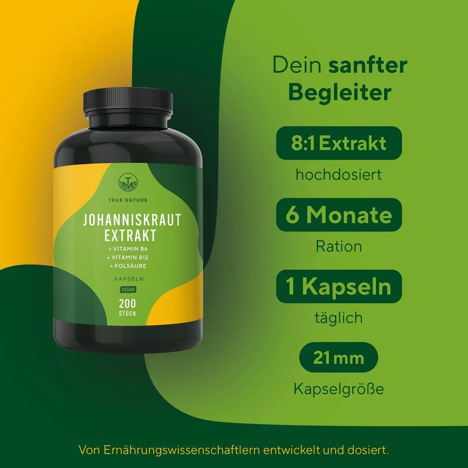 True Nature® Johanniskraut Extrakt Kapseln mit Vitamin B6, B12 & Folsäure 2x200 St