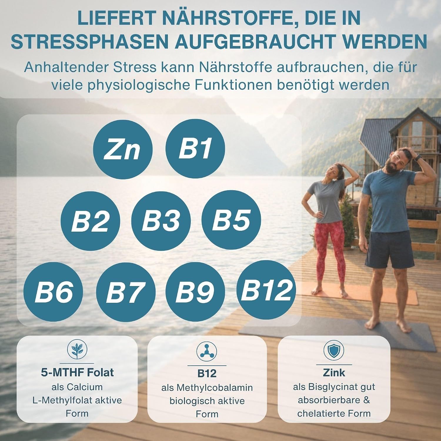 Grafik zeigt B-Vitamine und Zink, die in Stressphasen aufgebraucht werden.
