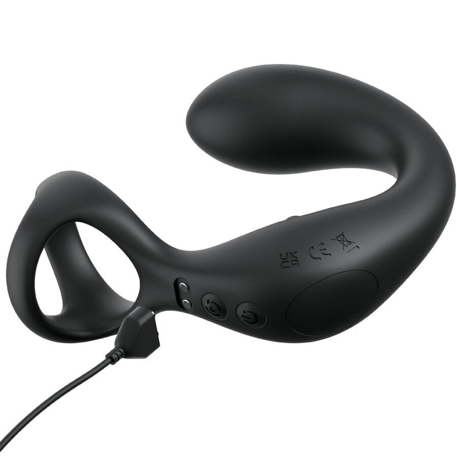 Schwarzes Wellness-Produkt mit Ring und gebogener Form. Mit Ladekabel. Produktname nicht sichtbar.