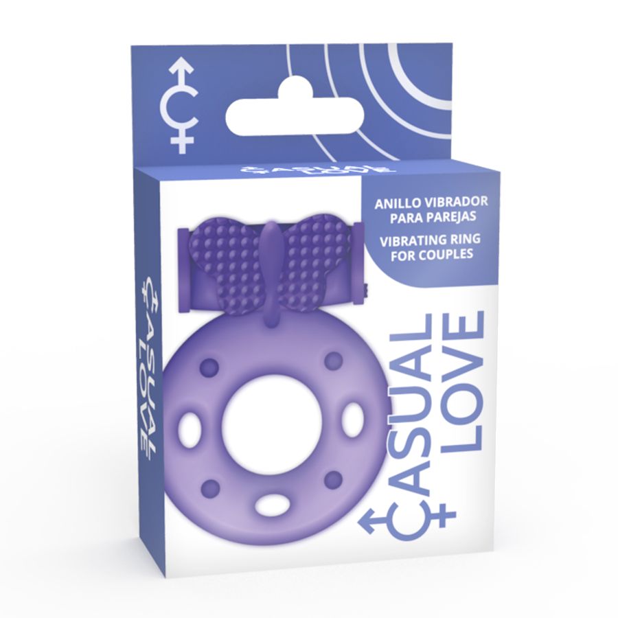 Verpackung mit lila Vibrationsring. Ringförmig mit Noppen und Schmetterlingsform. Text: Casual Love, Vibrating Ring for Couples.