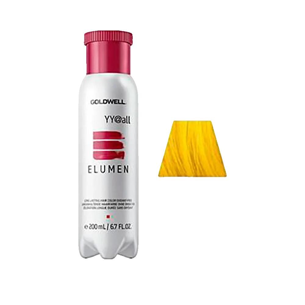 Goldwell Elumen Haarfarbe Flasche mit Farbmuster. Flasche weiß, Deckel burgunderrot. Farbmuster gelb.