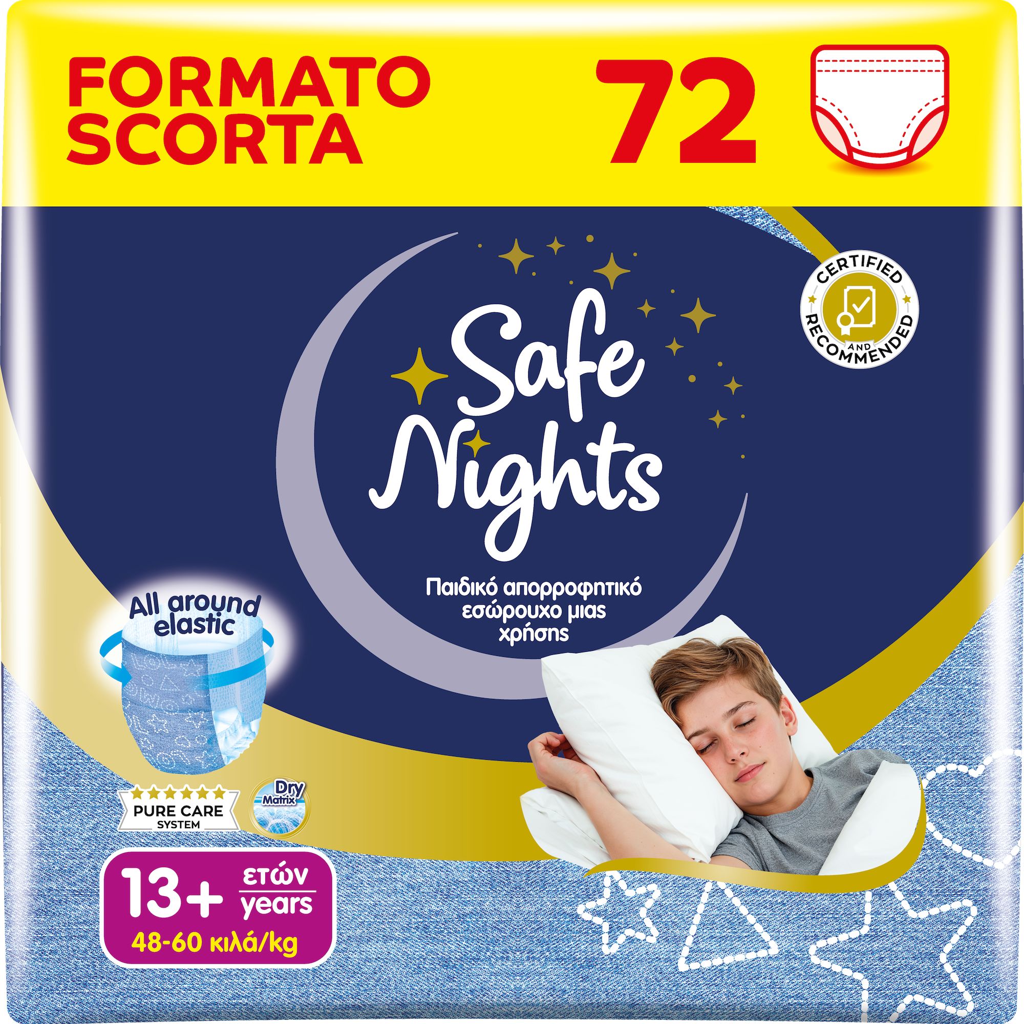 Babylino Safe Nights Boy, Mutandina Assorbente per la Notte, Bambino 13+ anni (48-60kg), 72 Unità