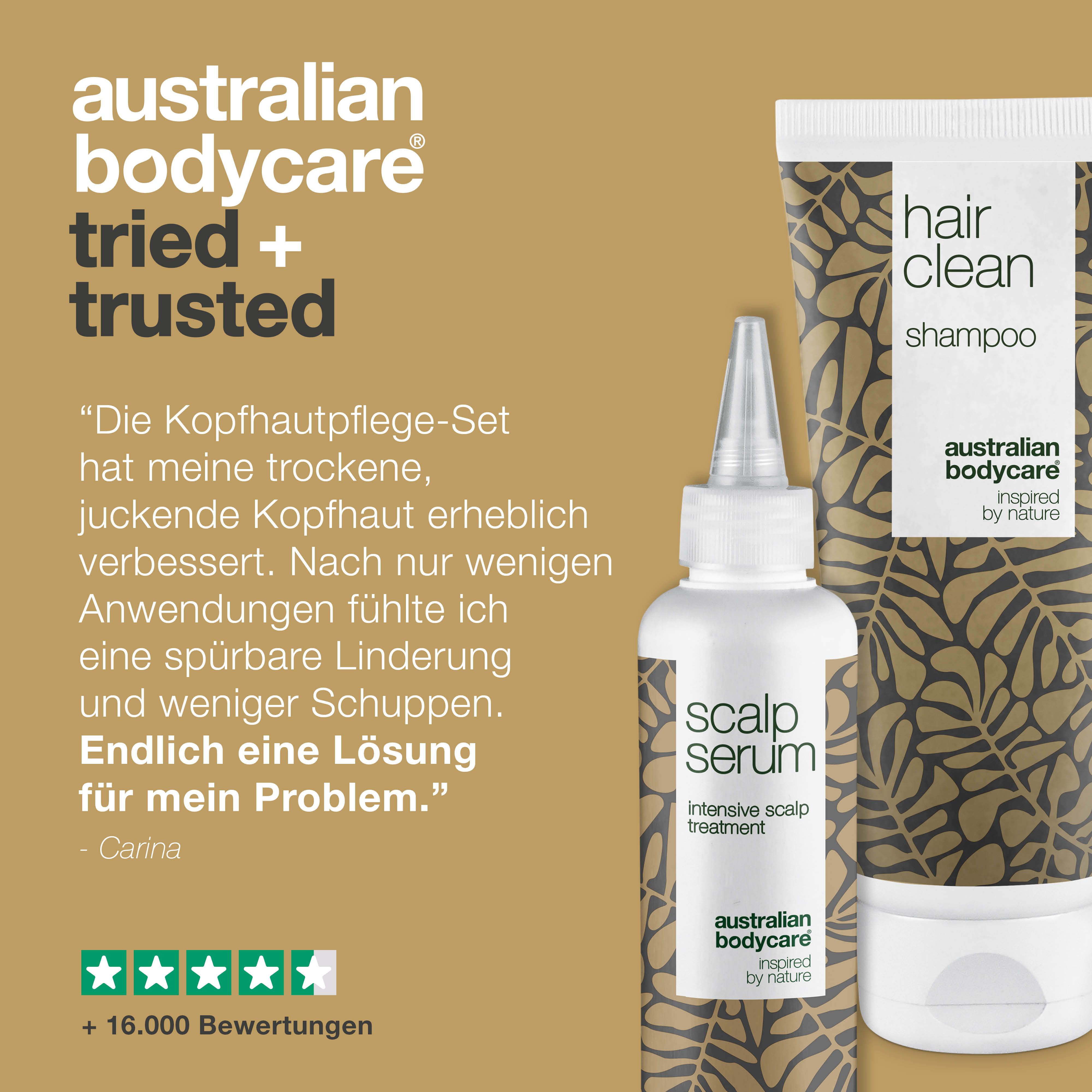 Produktabbildung: Shampoo und Kopfhautserum. Text: Erfahrungsbericht, 5 Sterne, +16.000 Bewertungen.
