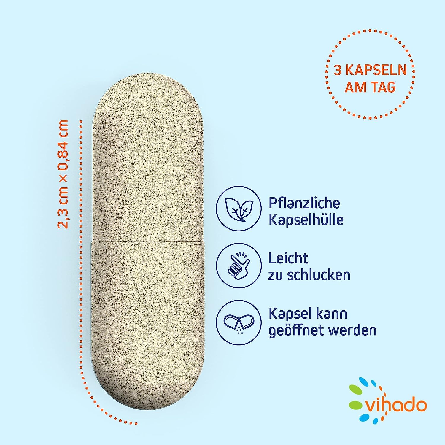 Beige Kapsel, 2,3 cm x 0,84 cm. Pflanzliche Kapselhülle. Leicht zu schlucken. Kapsel kann geöffnet werden. Vihado-Logo.