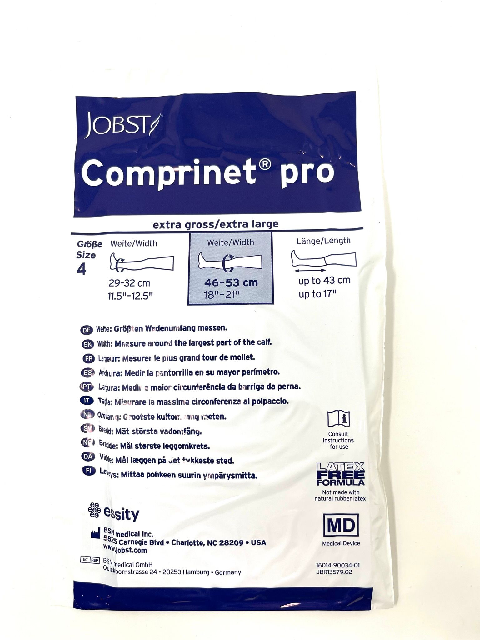 Verpackung mit Komprinet Pro, Größe 4, extra groß. Maßangaben für Wadenumfang und Länge. Text: Jobst, Latex-frei, Medizinprodukt.
