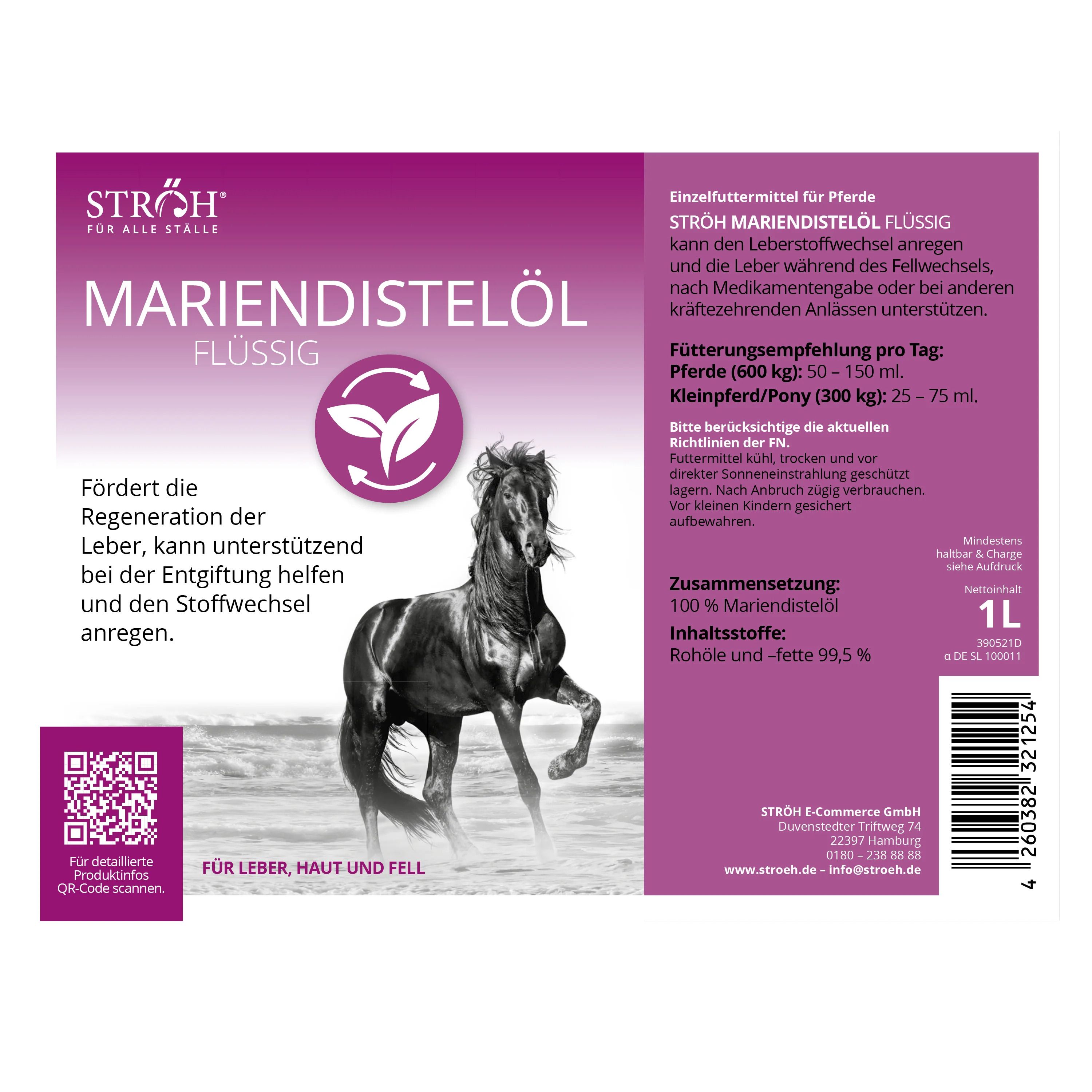 Etikett für Mariendistelöl. Logo, Text und Abbildung eines Pferdes. Flasche mit 1L Inhalt. QR-Code.