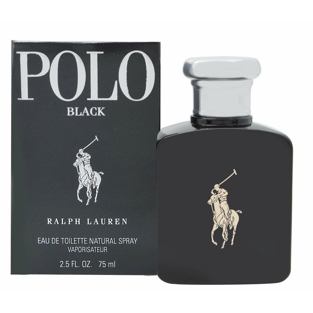 Schwarzer Flakon mit silbernem Verschluss und Logo. Daneben die Verpackung mit Logo und Schriftzug Polo Black.