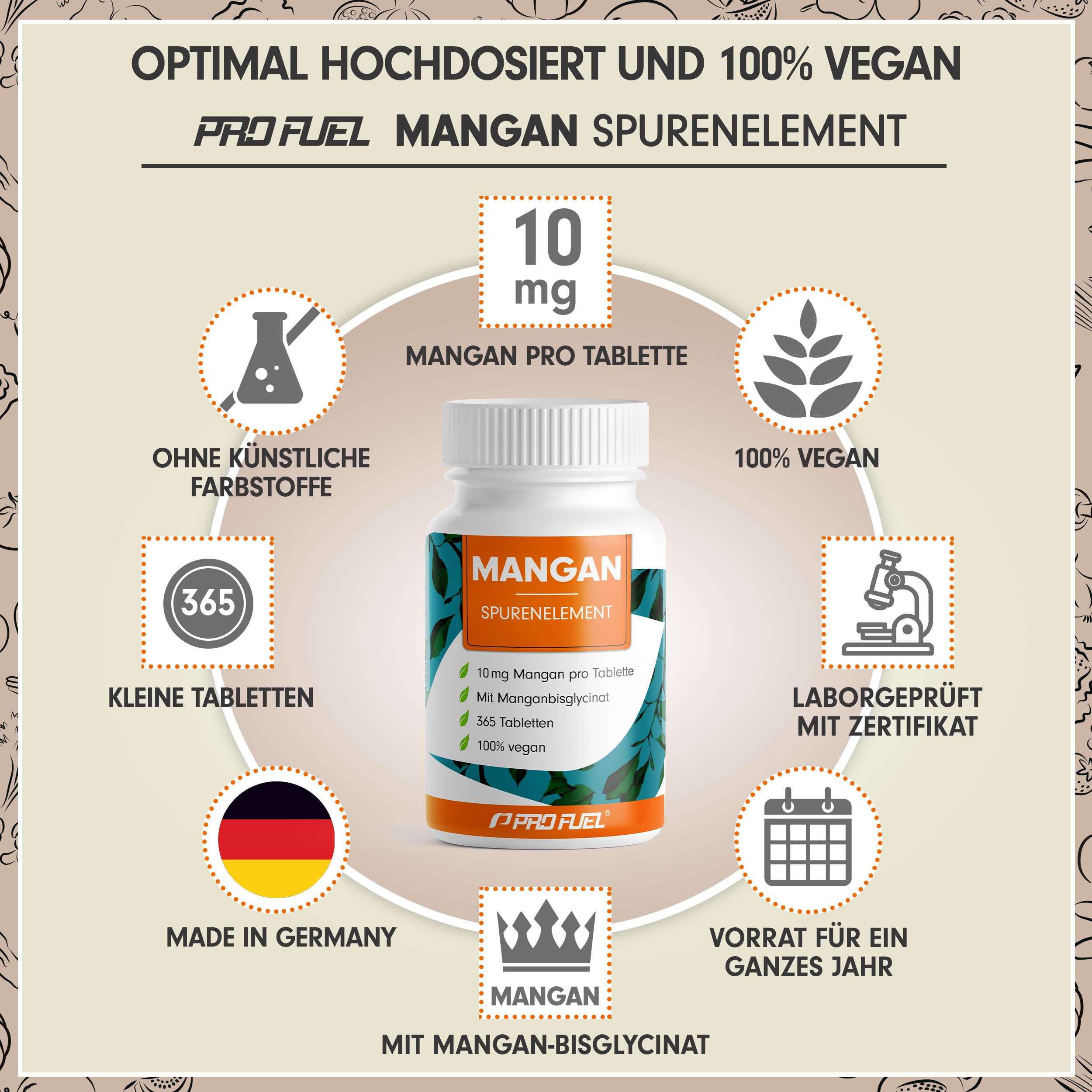 Produktabbildung mit Text. Weiße Flasche mit Mangan-Tabletten. 10 mg pro Tablette. 100% vegan. Laborgeprüft. Made in Germany.