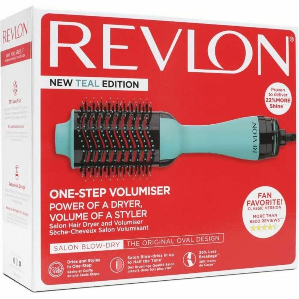 Verpackung der Warmluftbürste. Rote Verpackung mit Produktabbildung und Text: REVON, New Teal Edition, One-Step Volumiser.