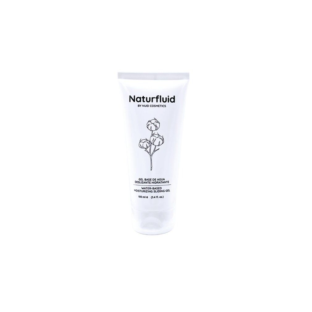 Aufrecht stehende, weiße Tube mit Produktnamen Naturfluid und floraler Illustration. Text in mehreren Sprachen.