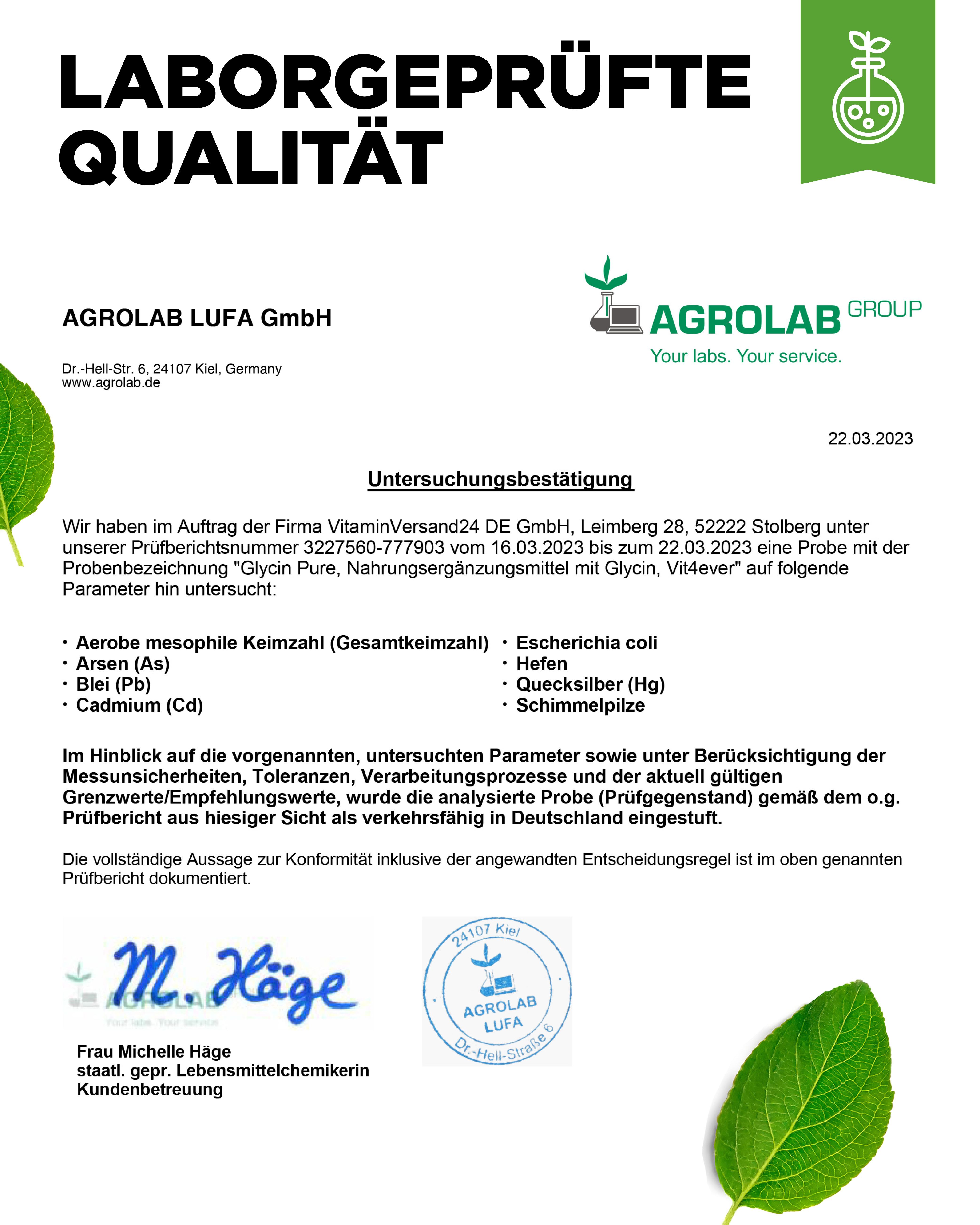 Laborbericht von AGROLAB LUFA GmbH. Unterschriftszeile von Frau Michelle Häge. Logo: AGROLAB GROUP. Your labs. Your service.