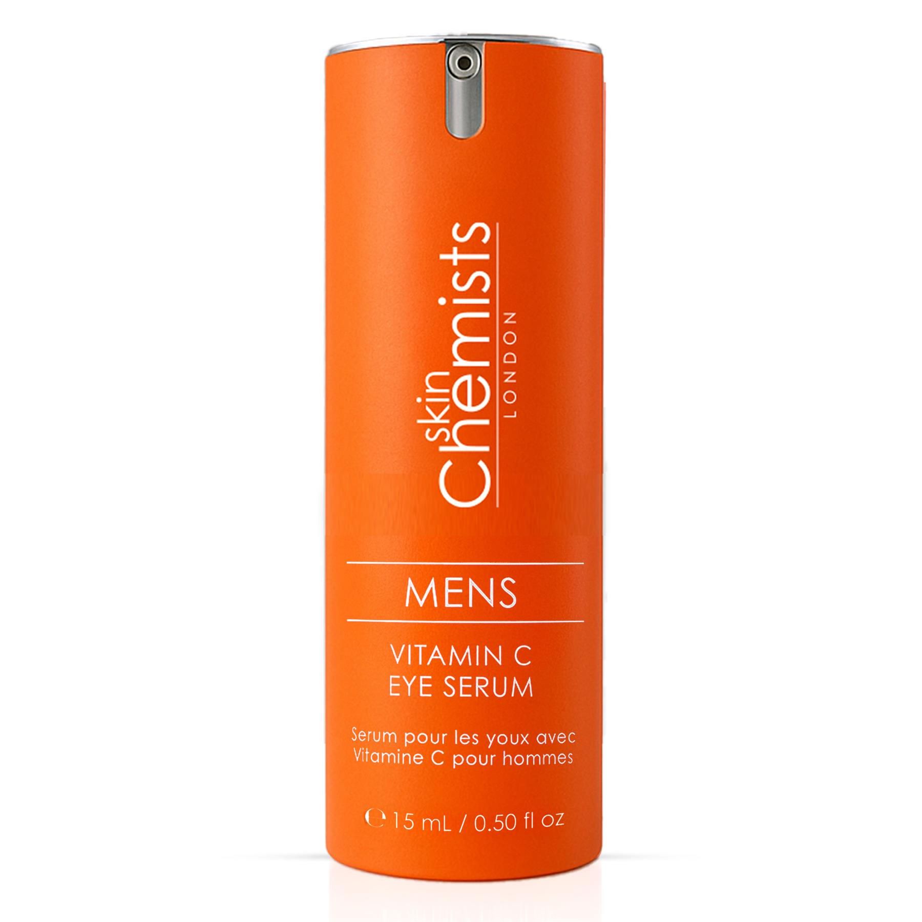 Orangefarbene Flasche des SkinChemists Augenserums mit Vitamin C, isoliert.