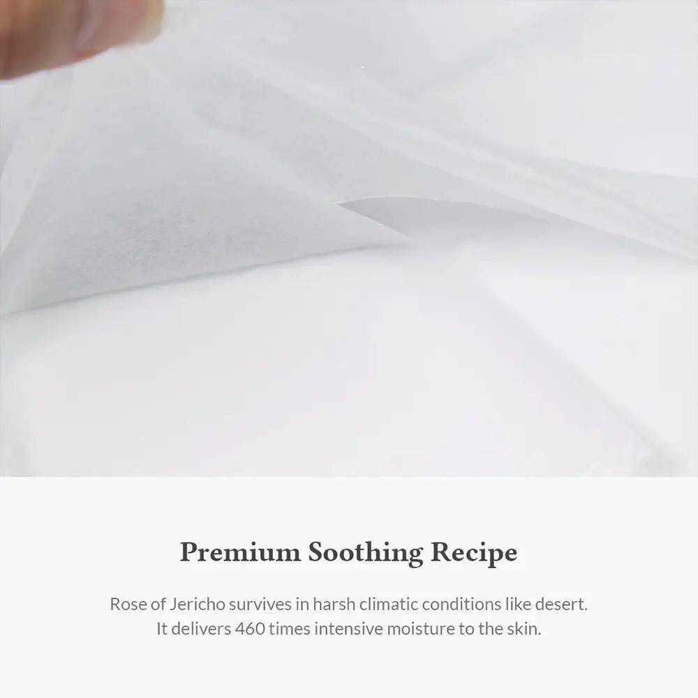 Nahaufnahme einer weißen Gesichtsmaske. Text: Premium Soothing Recipe. Rose von Jericho liefert intensive Feuchtigkeit.