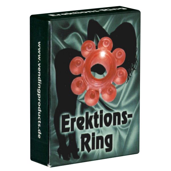 Verpackung mit Erektionsring. Roter Ring mit acht Ausbuchtungen. Aufschrift: Erektions-Ring. Webseite: vendingproducts.de.