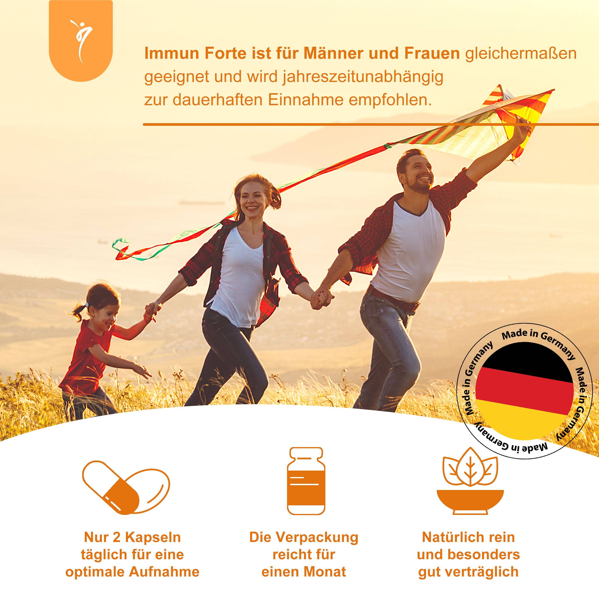 Familie im Freien: SanaExpert Immun Forte ist für Männer und Frauen geeignet und wird zur dauerhaften Einnahme empfohlen.