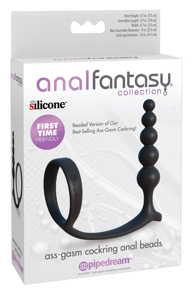 Verpackung von Anal Fantasy Collection. Enthält Analperlen mit Cockring-Design. Text: First Time Friendly.