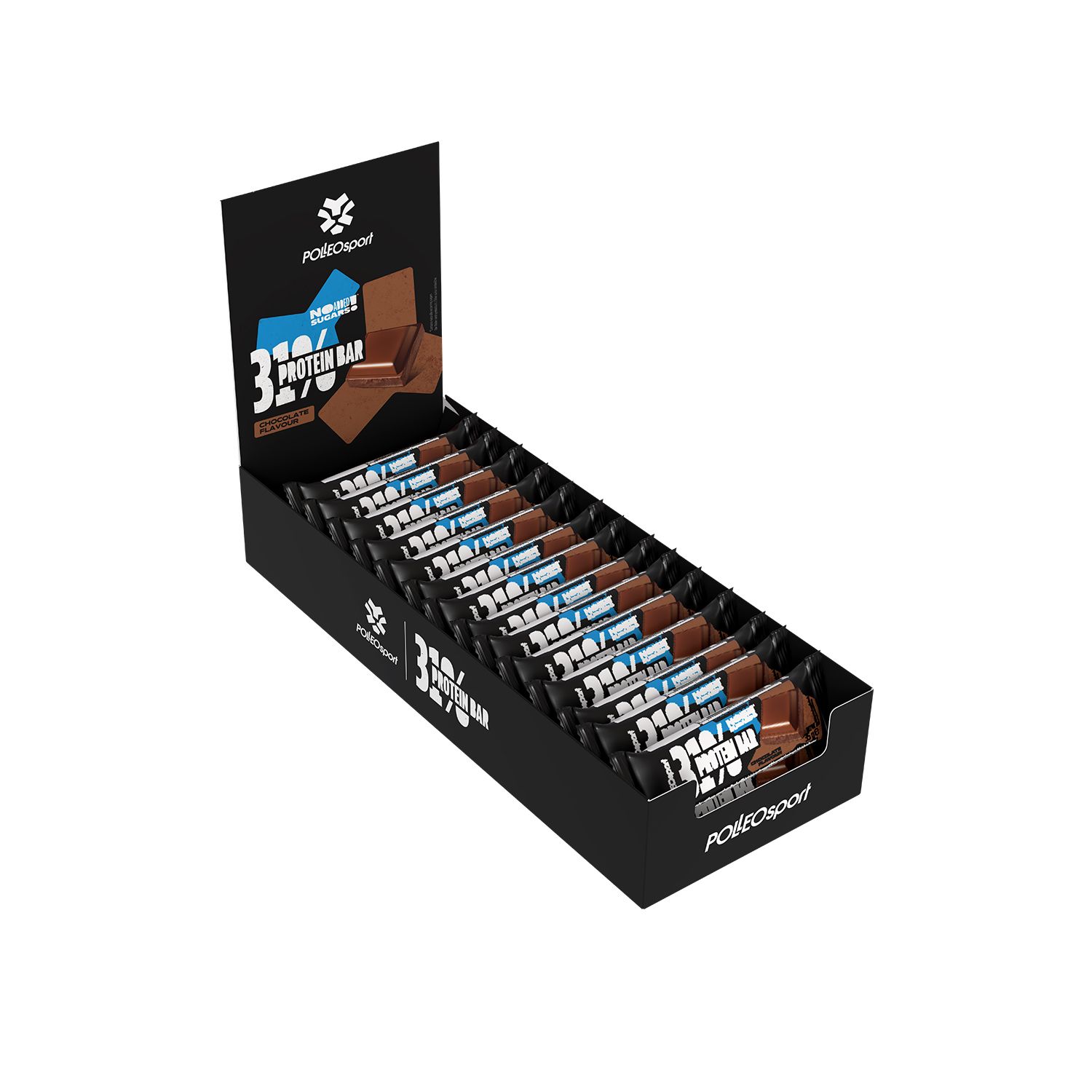Schwarzer Karton mit Proteinriegeln. Aufdruck: 31% Protein Bar. Marke: PolleoSport. Riegel in Verpackung.