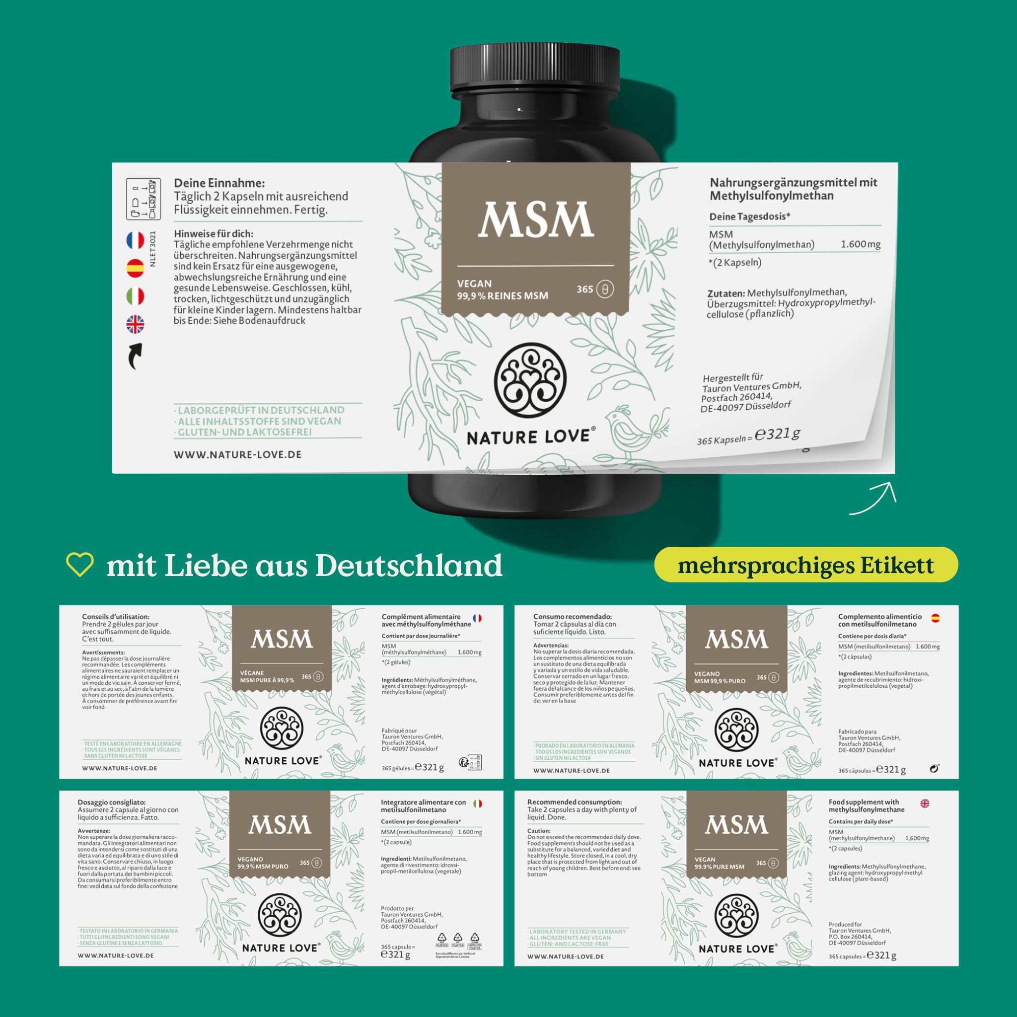 Braune Flasche mit weißem Etikett. Text: MSM, NATURE LOVE®. Mehrsprachiges Etikett. Text: 1.600 mg Methylsulfonylmethan. 60 Kapseln.