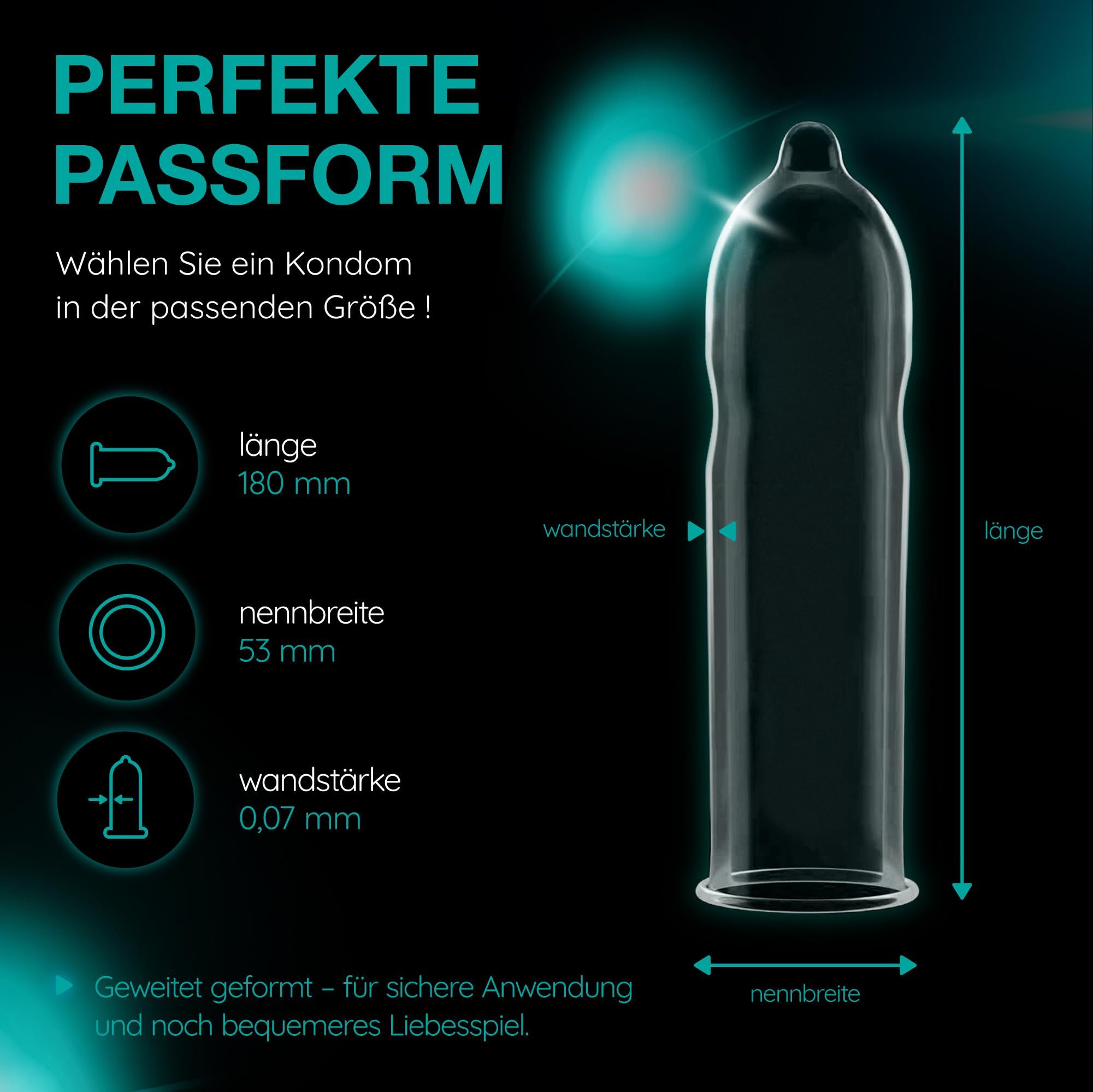 Vitalis Kondom: Länge 180 mm, Nennbreite 53 mm, Wandstärke 0,07 mm.