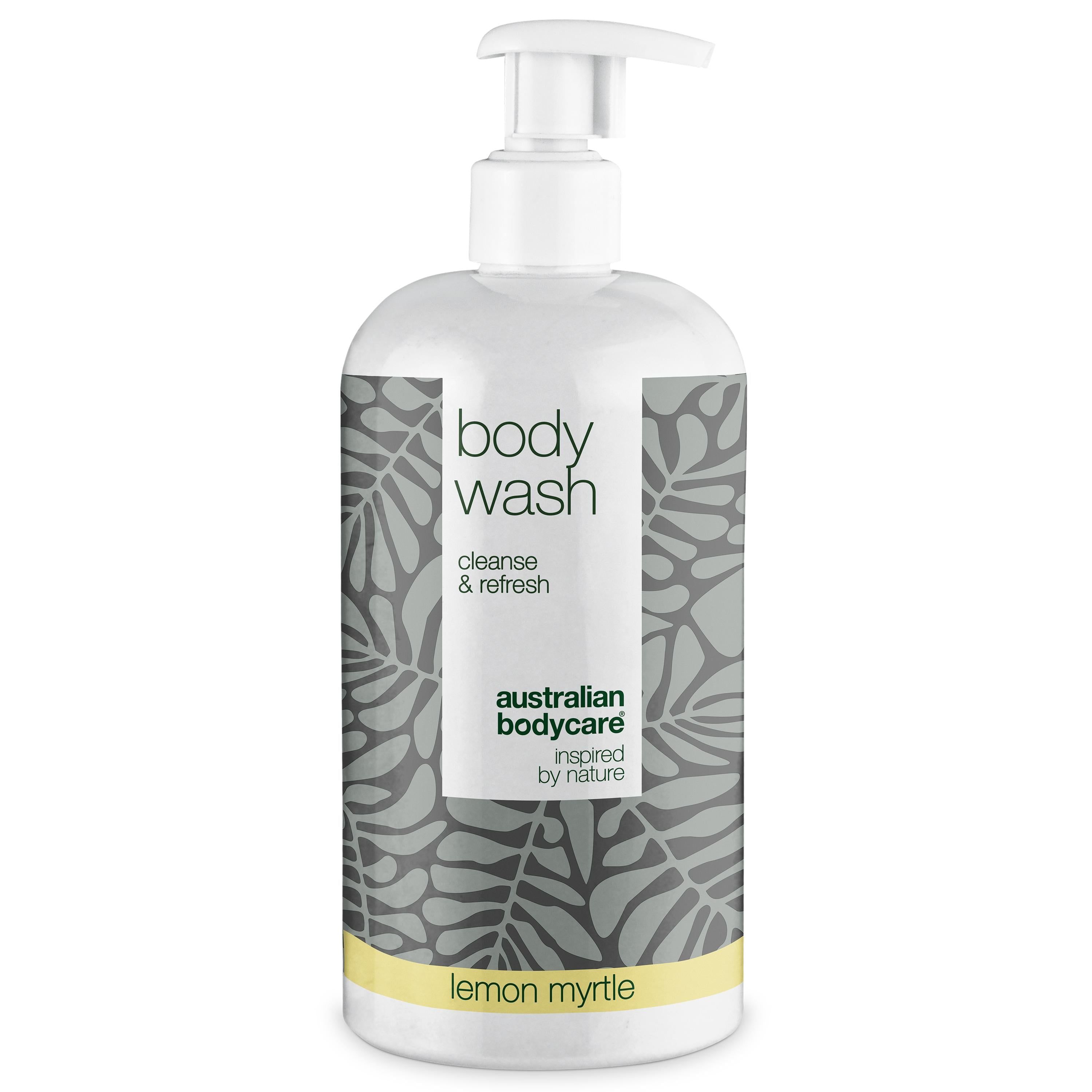 Witte fles douchegel. Opschrift: body wash, cleanse & refresh. Logo: Australian Bodycare.