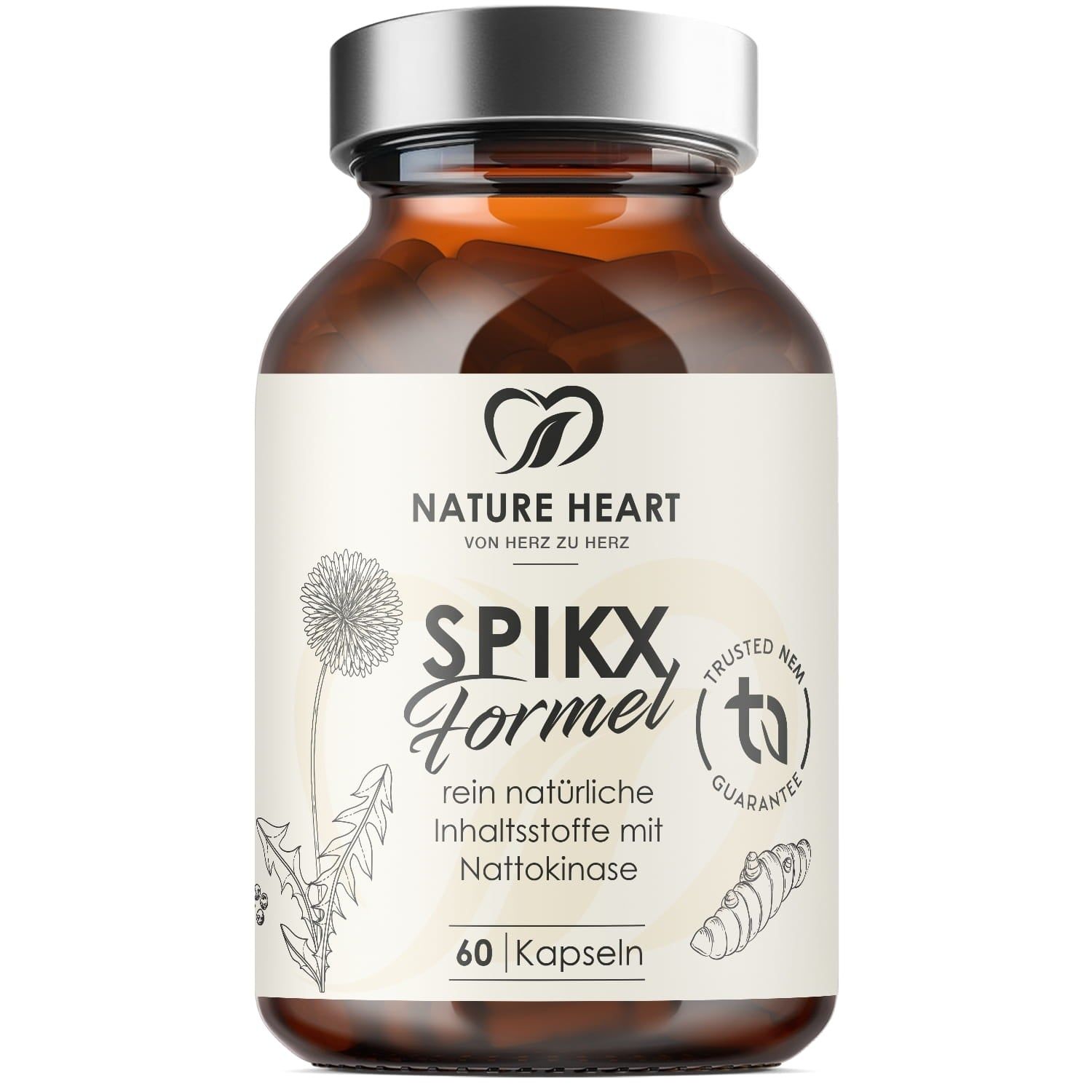 Braune Glasflasche mit silbernem Deckel. Etikett mit Schriftzug SpikX Formel, 60 Kapseln, Nature Heart Logo und TÜV-Siegel.