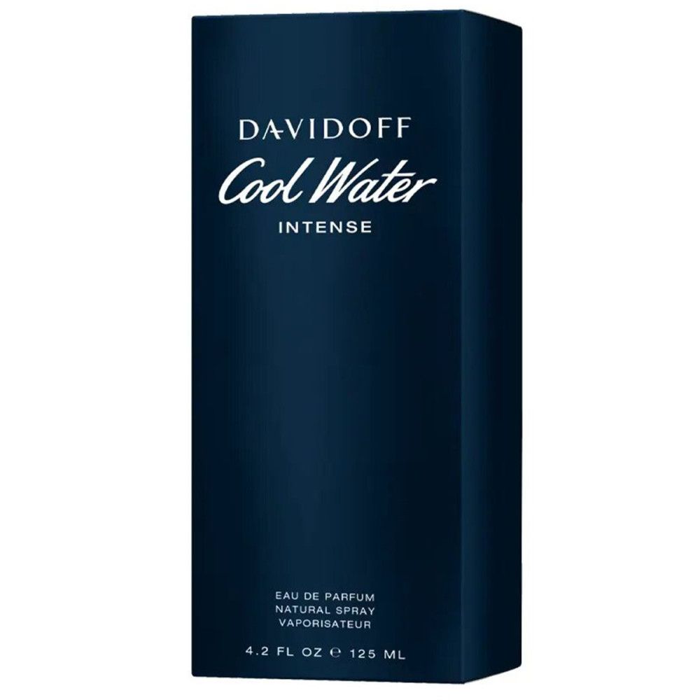 Davidoff Cool Water Intense EdP Nat. Spray Verpackung. Blau, rechteckig. Schriftzug und Produktangaben.