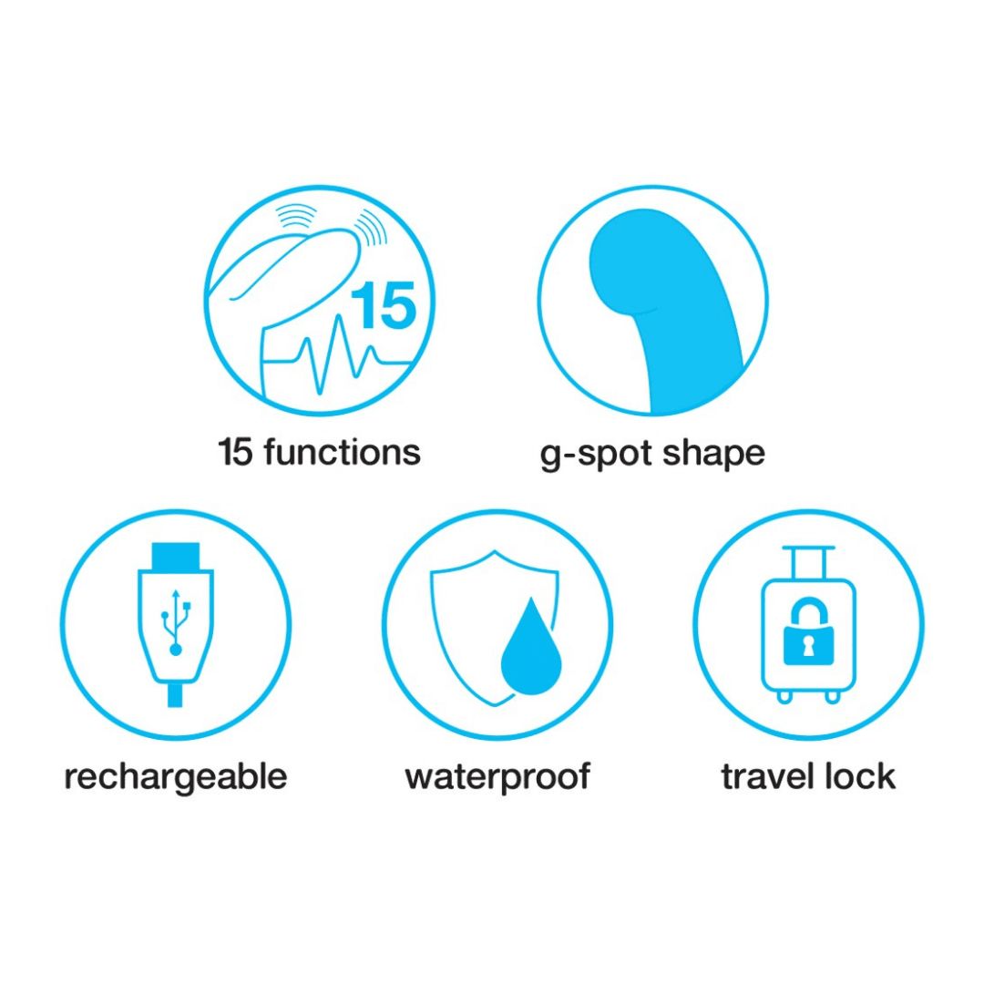 Infografik mit Symbolen: 15 Funktionen, G-Punkt-Form, wiederaufladbar, wasserdicht, Reisesicherung.