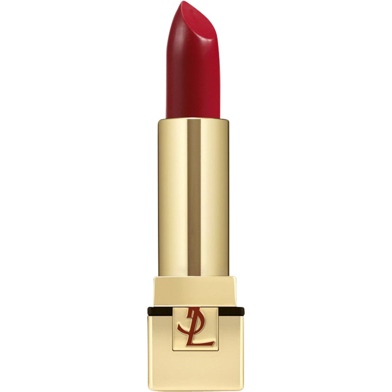 Goldfarbener Lippenstift, geöffnet. Roter Lippenstiftstift. YSL-Logo auf dem Gehäuse.