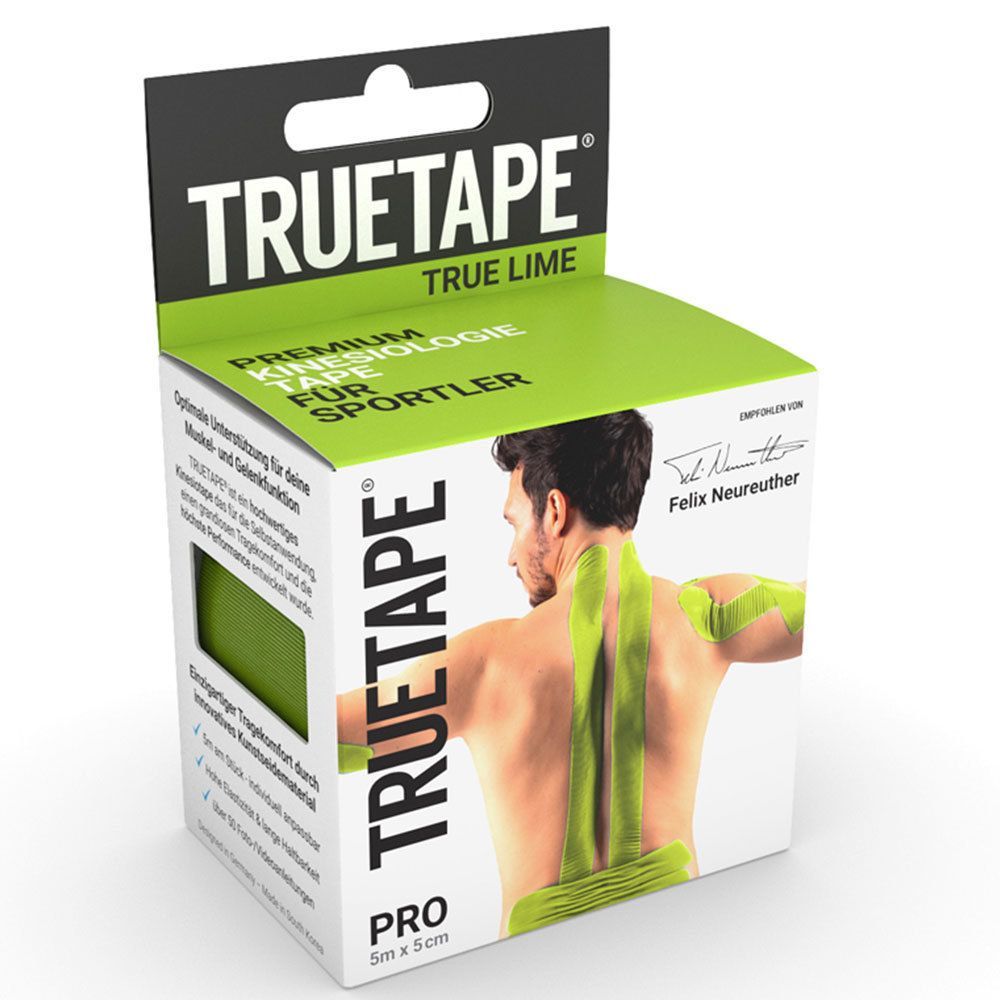 Verpackung von TRUETAPE® Kinesiotape Pro grün. Aufschrift: PREMIUM KINESIOLOGY TAPE FOR SPORTLER. Abbildung eines Mannes mit Tape.