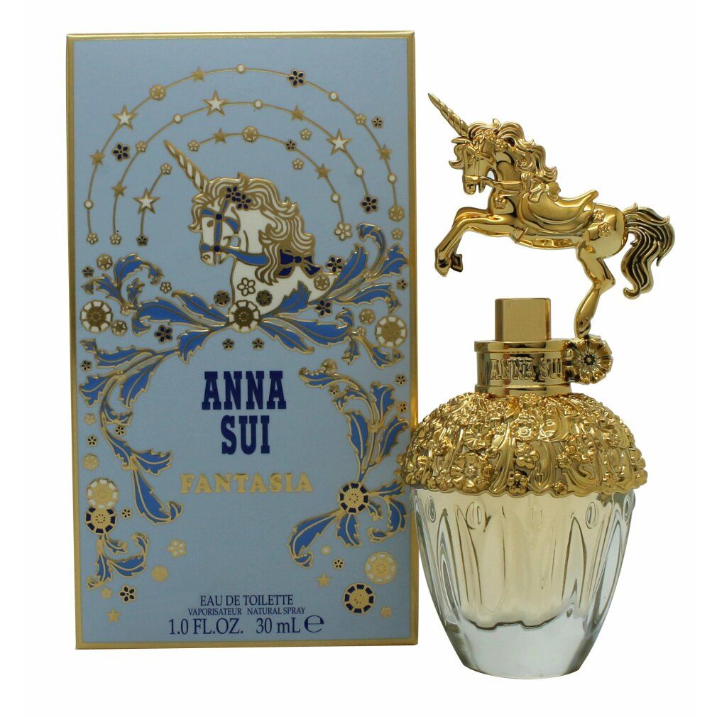 Parfümflakon mit goldenem Einhorn-Deckel und blauer Schachtel mit Schriftzug 'Anna Sui Fantasia'.