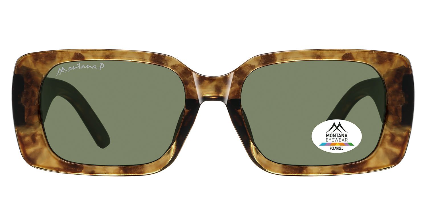 Sonnenbrille mit braunem Rahmen und grünen Gläsern. Montana Eyewear Logo und Polarized-Aufkleber. Rechteckige Form.