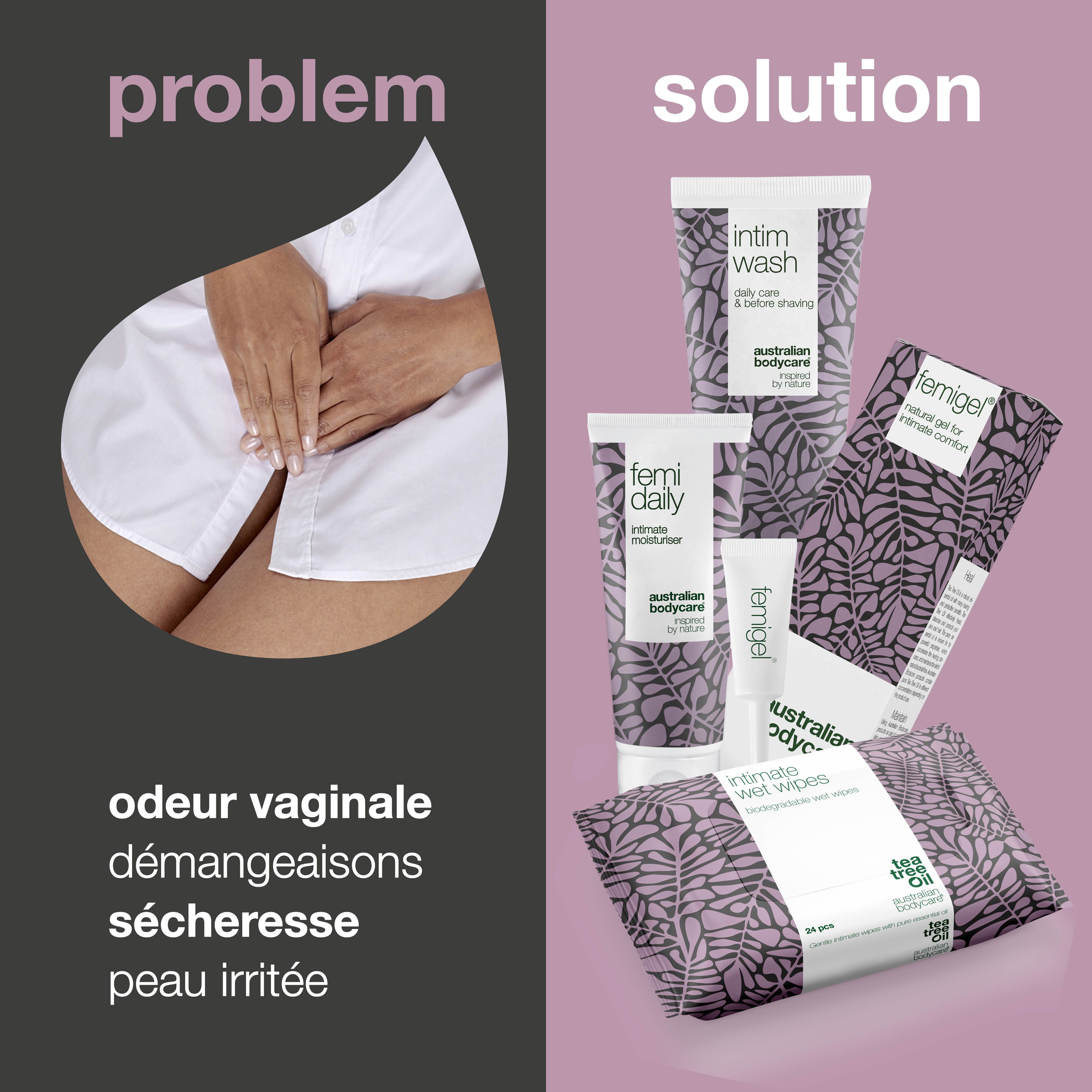 Présentation problème-solution. Femme et produits d'hygiène intime. Texte en français.