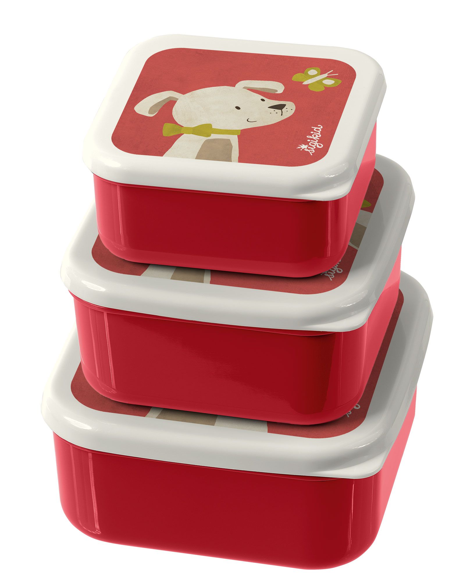 Drei rote Snackboxen mit Hunde-Illustration. Deckel mit Hunde-Illustration und Schriftzug sigikid. Quadratische Form.