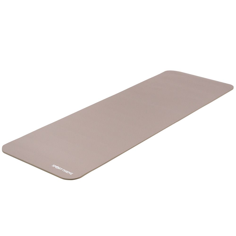 Beige Fitnessmatte mit abgerundeten Ecken. Schriftzug SPORT-THIEME.