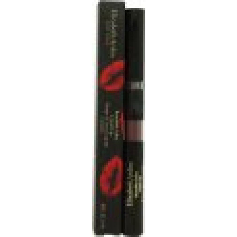 Schwarze Verpackung für Liquid Lip Lacquer. Roter Lippenabdruck. Produktname und Marke sichtbar.
