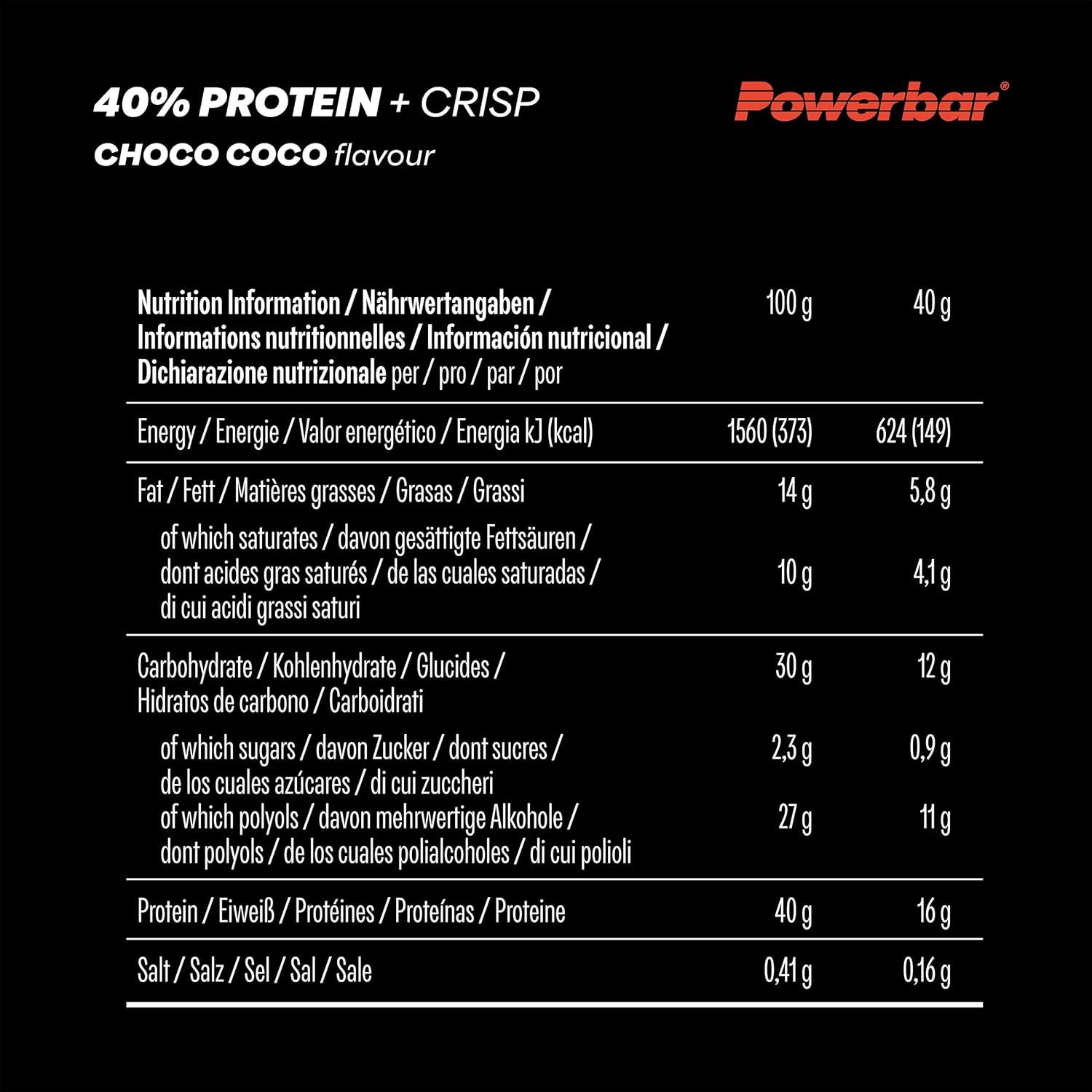 Powerbar Riegel Choco Coco: 40% Protein, zuckerarm, mit Kokosnuss- und Schokoladenstückchen.