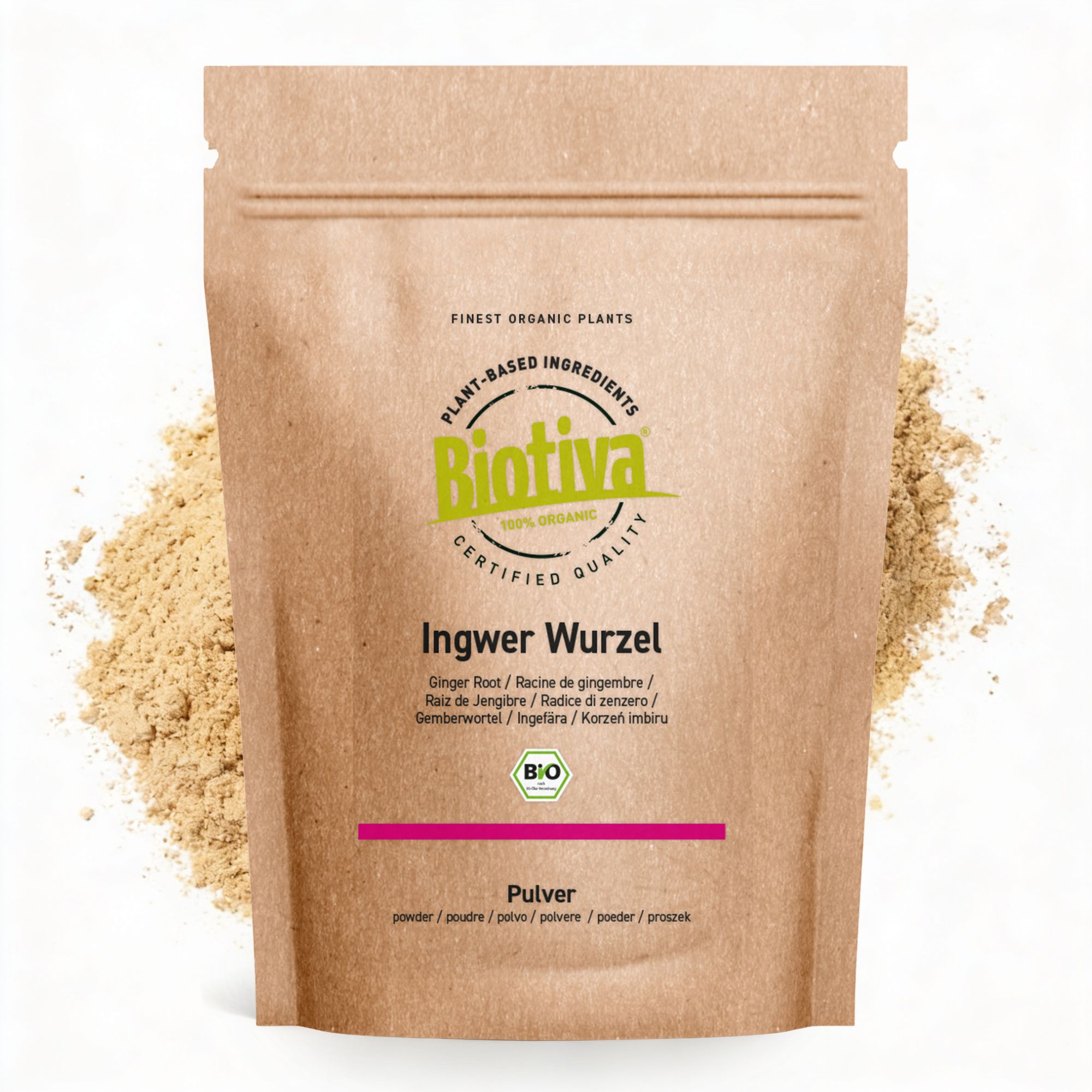 Braune Papiertüte mit Ingwer Wurzel Pulver. Text: Biotiva, Ingwer Wurzel, Bio-Siegel. Rosa Streifen unter dem Produktnamen.