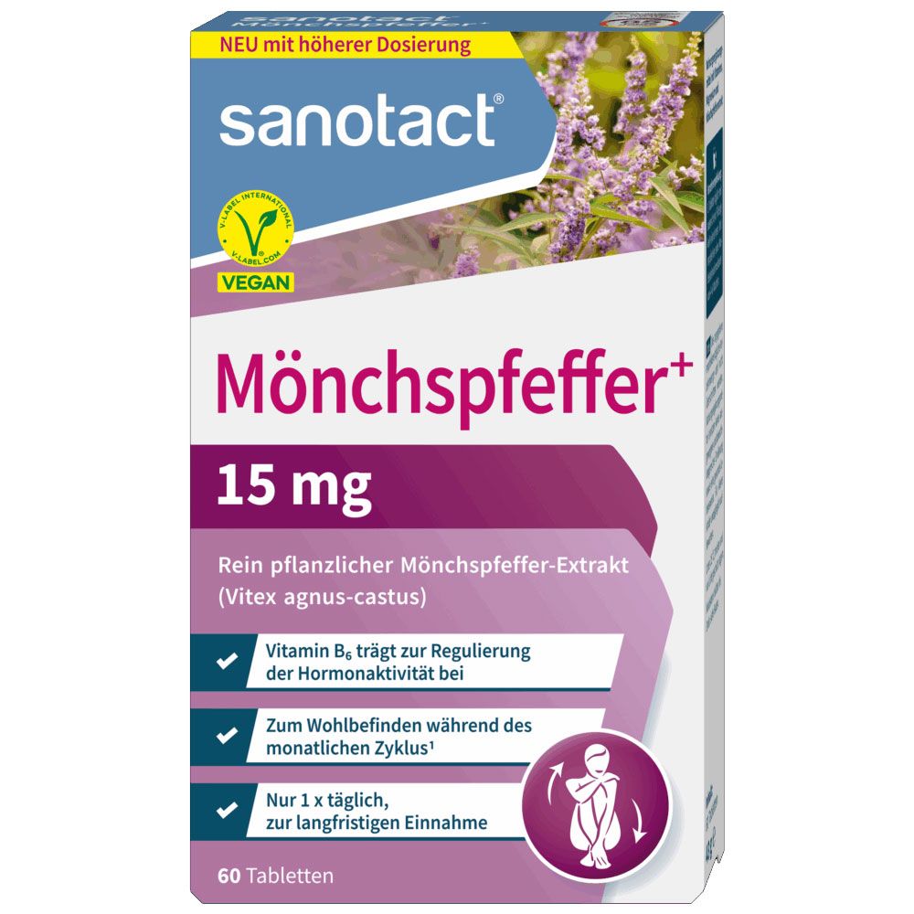 Verpackung von Sanotact Mönchspfeffer+ Tabletten. Enthält 15 mg. Vegan. Mit Informationen zur Hormonaktivität und Zyklus.